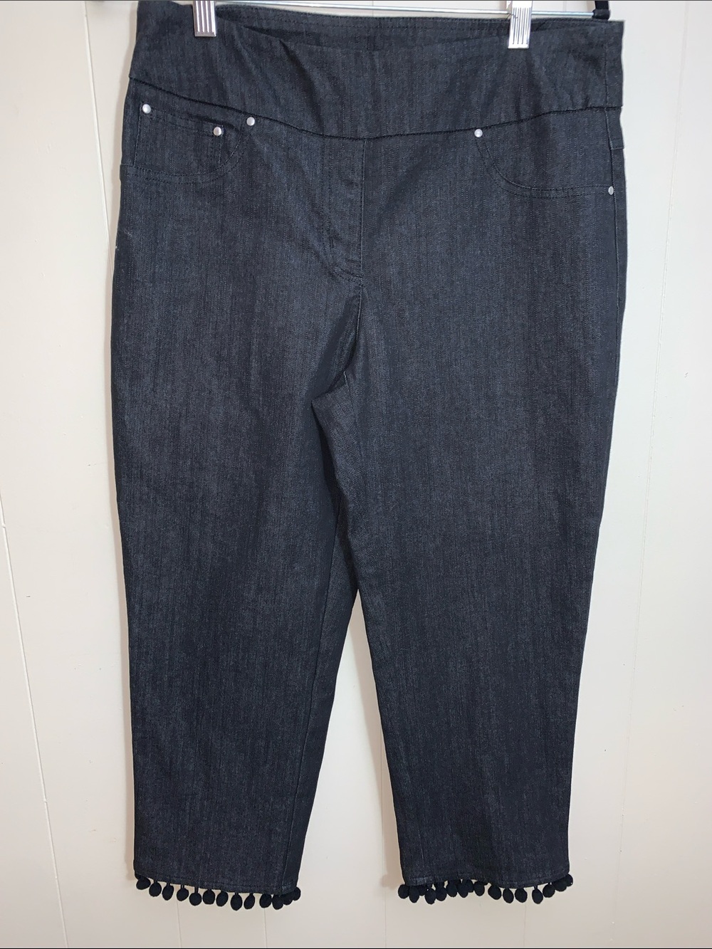 Ruby Rd. Black Stretch Cropped Jeans with Pom-Pom Hem